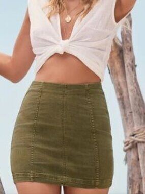 Olive Green Free People Vintage Mini Skirt Army Green Denim Boho Cargo